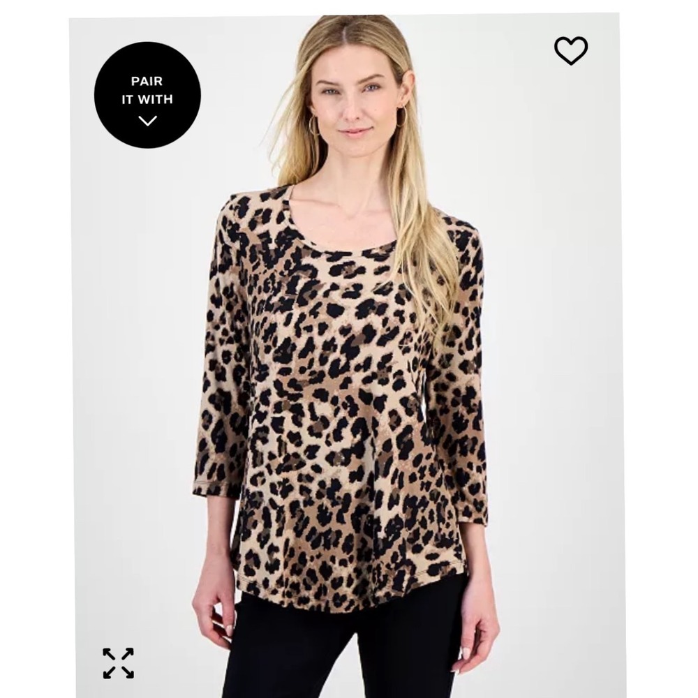 JM Collection Womens Leopard cheetah Print Scoop Neck 3/4‎ Sleeve Top Petite XL